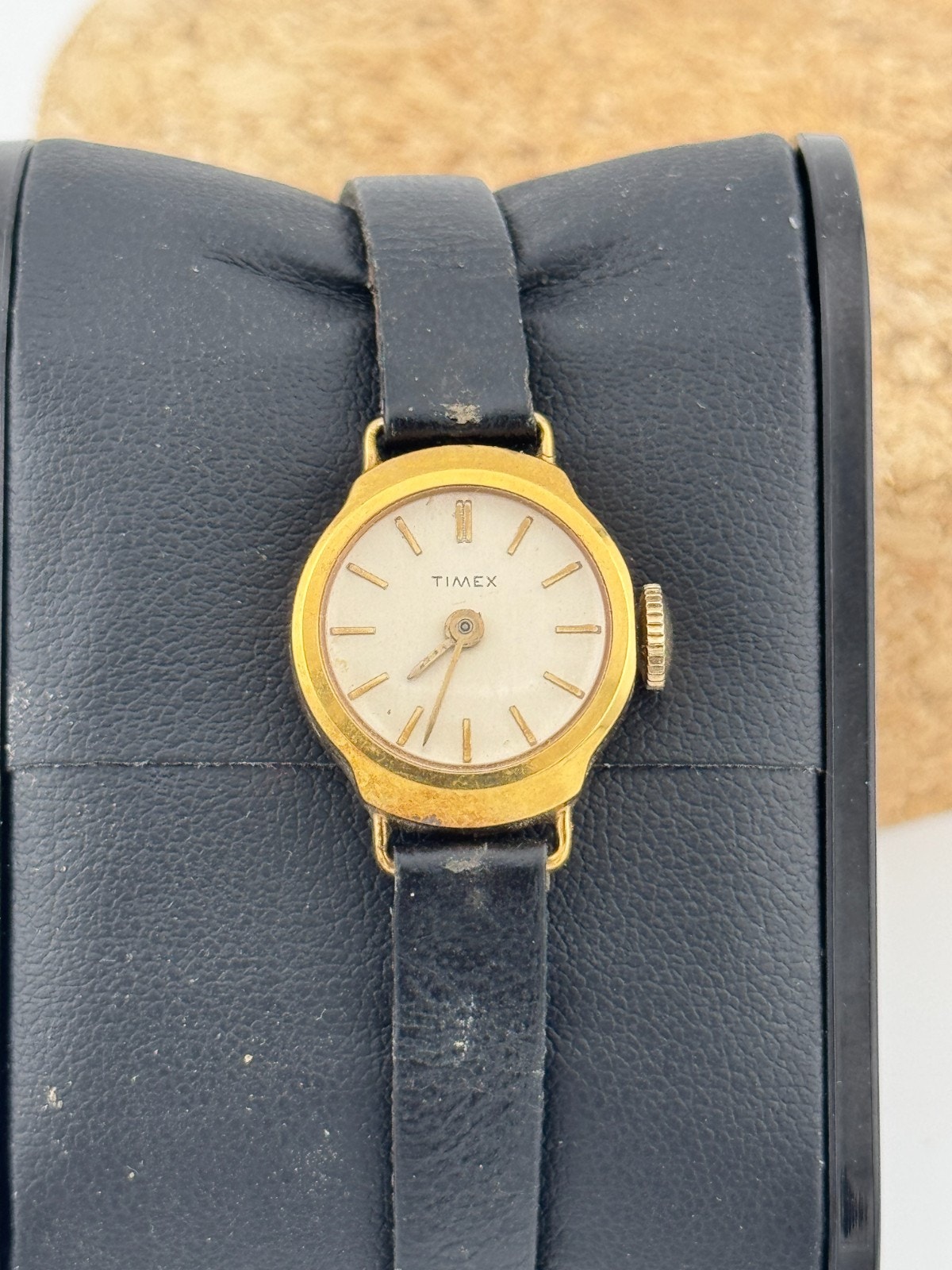Vintage Timex Ladies Mechanical Watch GoldTone Cushion Case Black Leather Strap